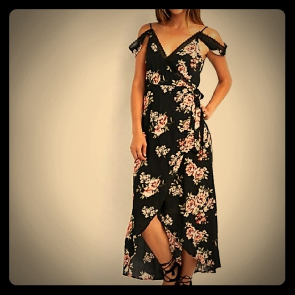 Bright pink floral wrap dress, cold shoulder.
